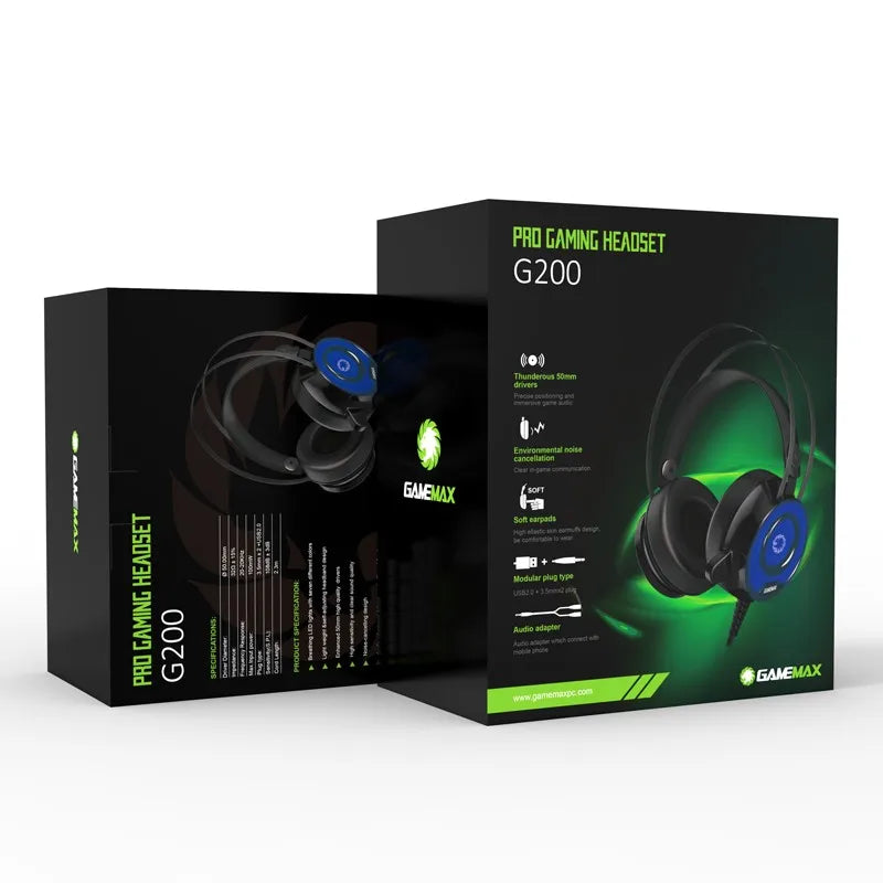 GameMax G200 RGB Gaming Headset – Stereo Sound, Noise-Cancelling Mic, Black