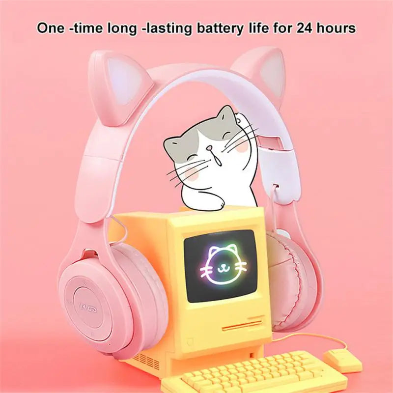 Luminous Cat Ears Bluetooth Headphones – Wireless Gaming Headset with Mic, Stereo Bass, Girls Gift
